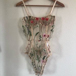 Beige Floral embroidered bodysuit